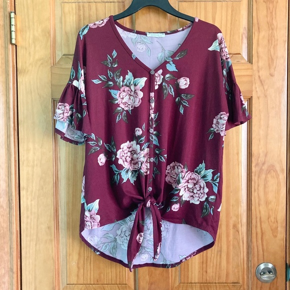 Women’s size small Reborn J burgundy floral top with buttons and tie - Picture 1 of 6